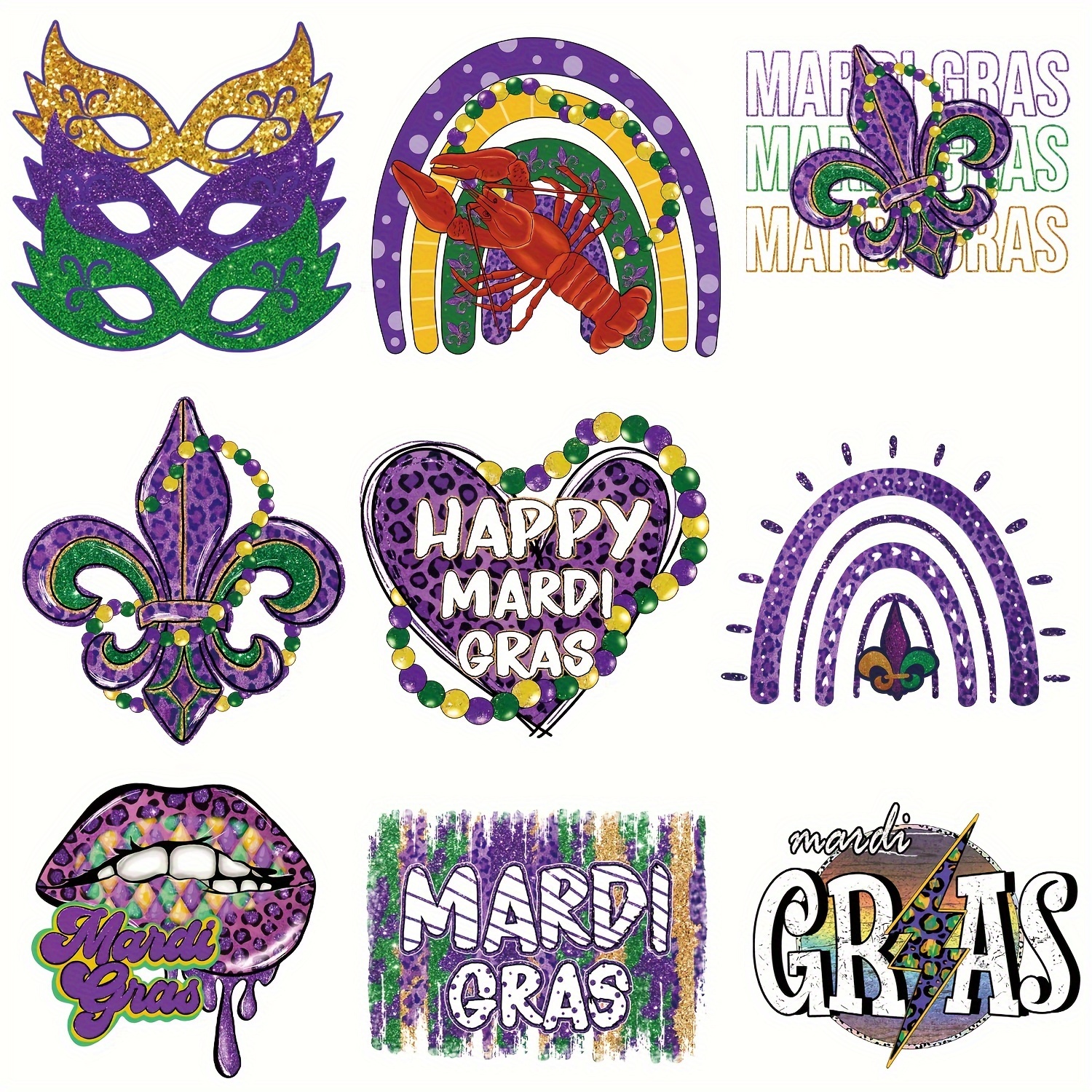 1pc Mardi Gras Theme Heart Transfer Stickers Carnival Festival Printed Iron-On  Patches For DIY Clothing Hoodie T-Shirts Jeans Bag