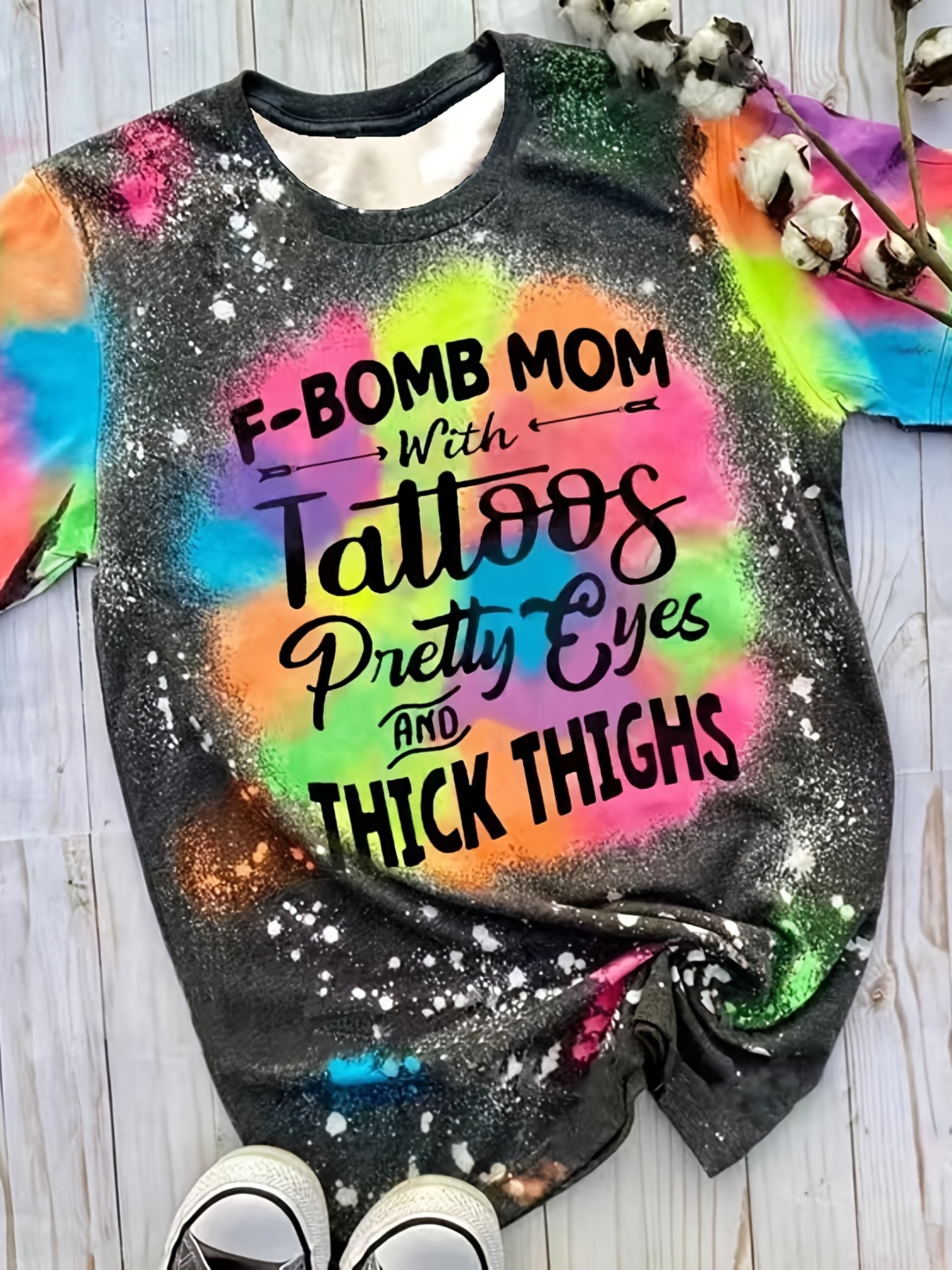 Letter Print Tie Dye Crew Neck T shirt Street Loose Short Sleeve Summer T Shirts Tops Women's Clothing
