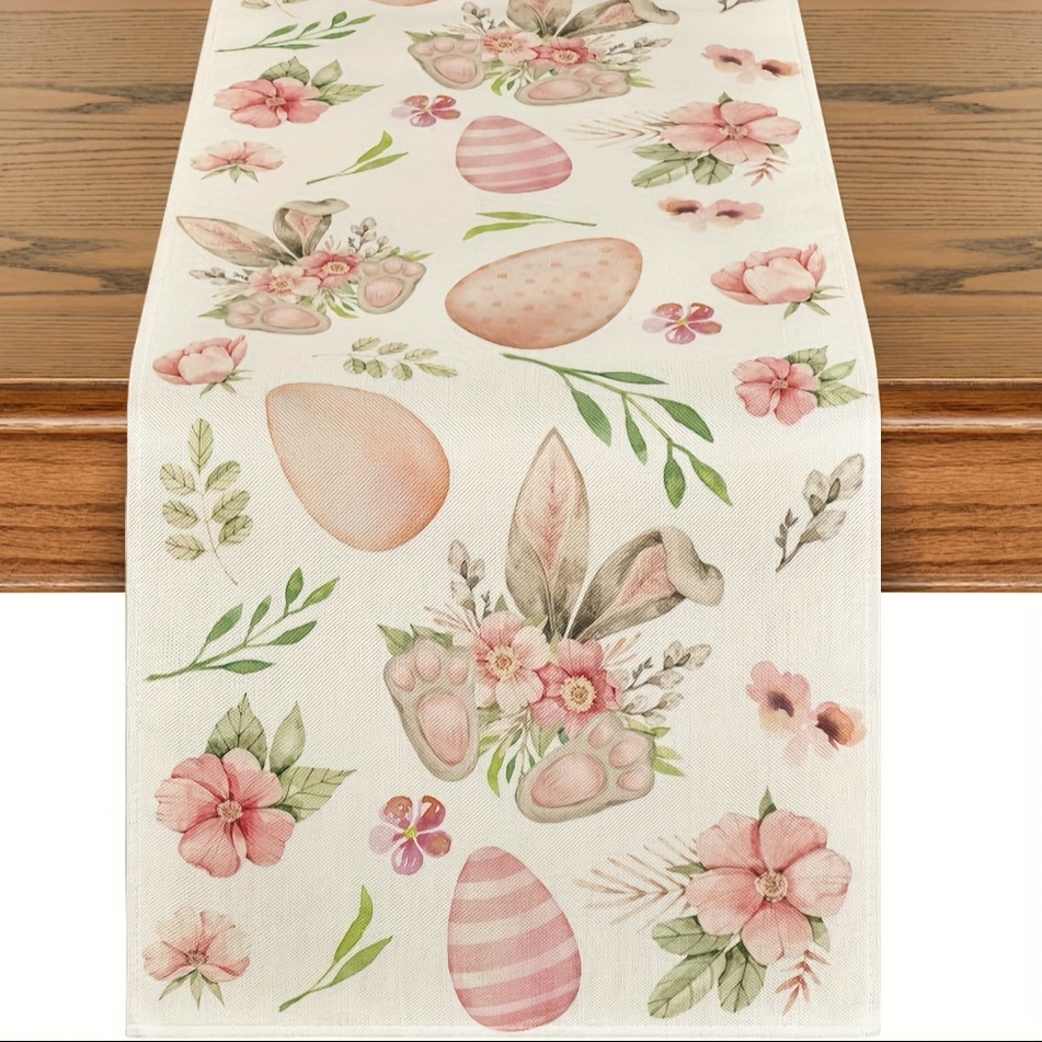 TEMU 1pc Bunny Rabbit Ear Eggs, Floral Flowers Easter Table Runner, Dining Table Decor For Home Party Decor, Tabletop Supplies, Table Accessories