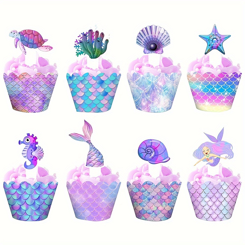 

16pcs Mermaid Cupcake Toppers And Wrappers Set Creative Marine Sea Shell Turtle Cake Decoration For Birthday Party Wedding Decor