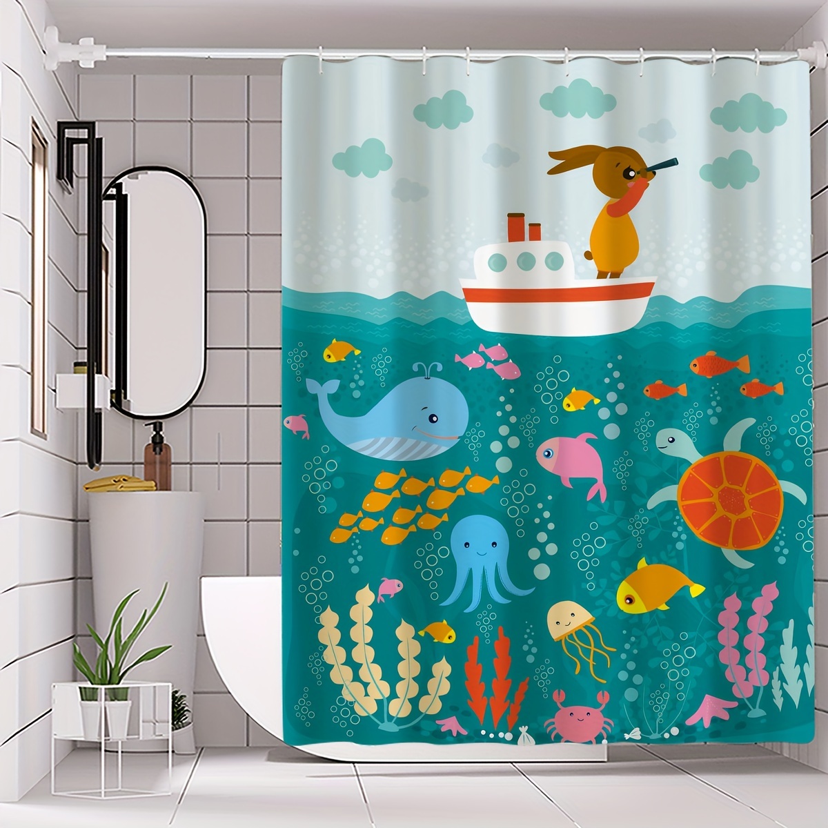 Lovely Cartoon Sea Creatures Fabric Shower Curtain Whale - Temu Canada