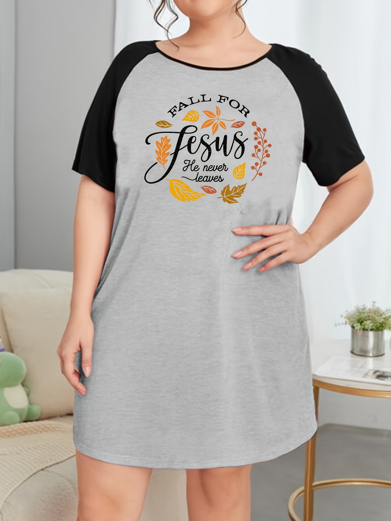 Maple Leaf & Letter Print Nightdress Raglan Sleeve Tee Sleep Dress