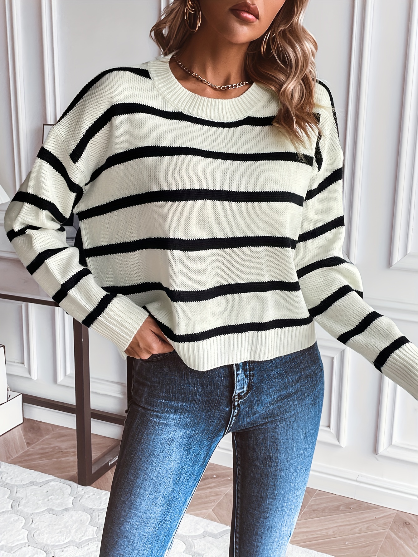 Women Striped Sweater Color Block Oversized Casual Crew Neck Knitted Long  Sleeve Pullover Tops, Blackwhite, One Size : : Clothing, Shoes &  Accessories