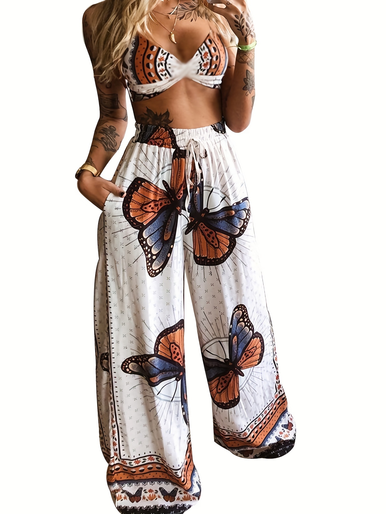 Backless Crop Halter Top & Marble Flare Leg Trousers