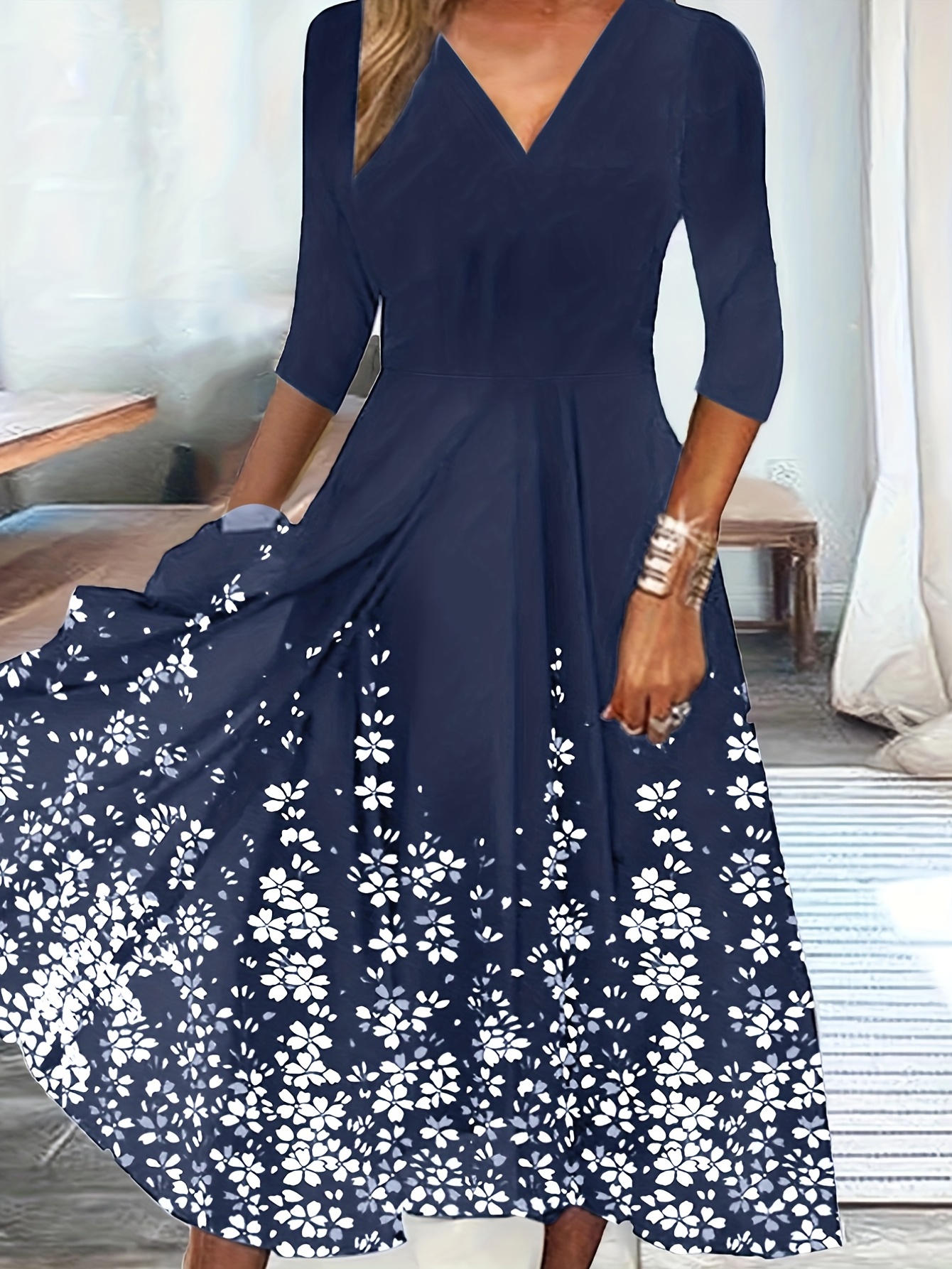 Simple Shirred Waist Dress Elegant V Neck Long Sleeve Midi - Temu