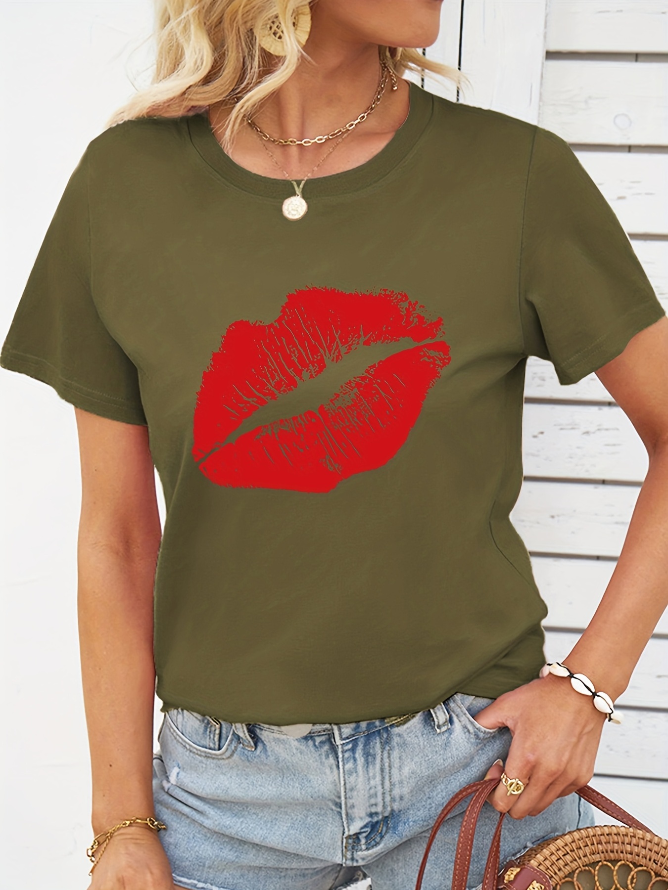 Red Lips Print T shirt Summer Short Sleeve Casual Top - Temu