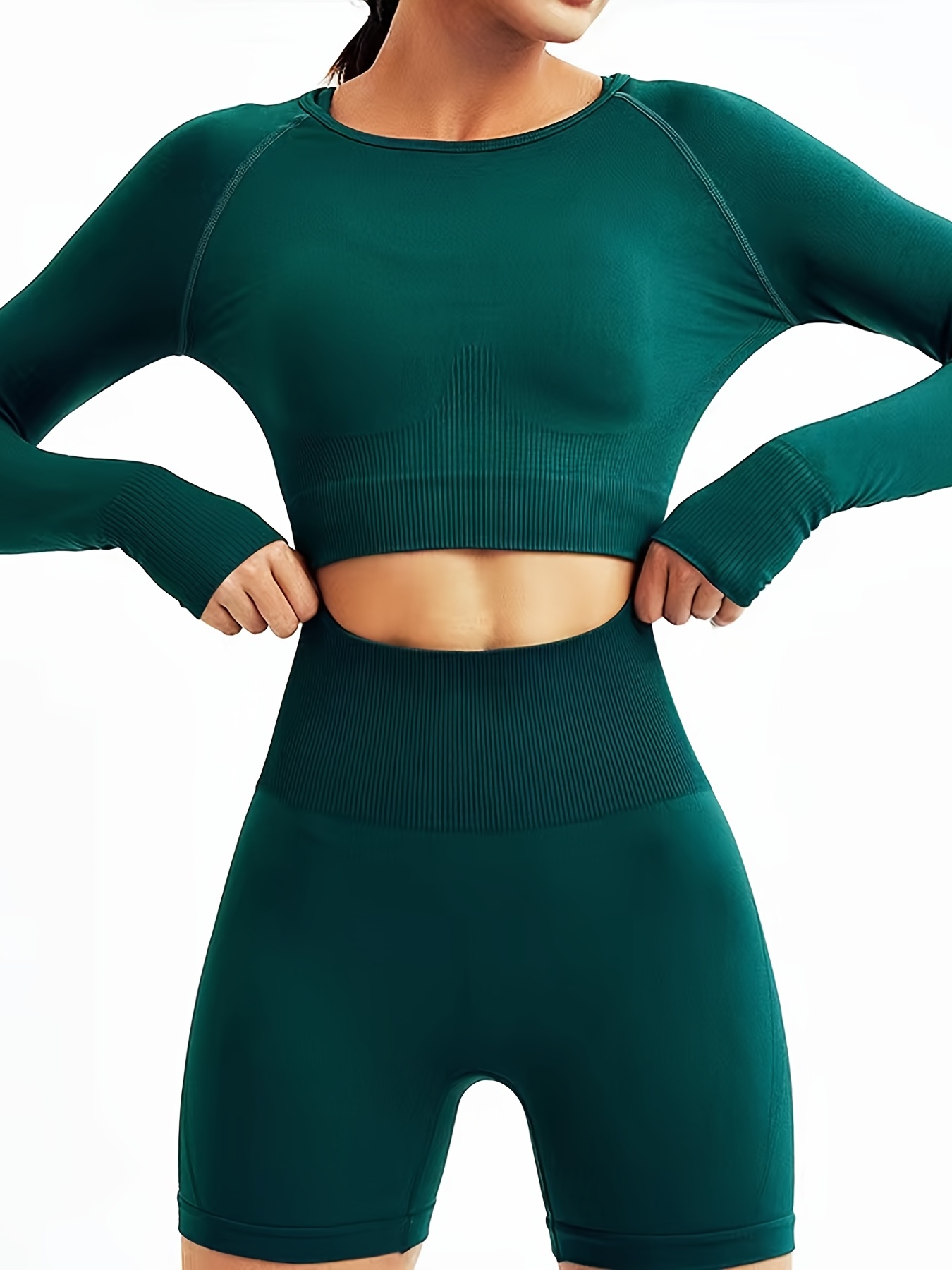 Ribbed Yoga Sports Sets Long Sleeve Solid Color Thumb Hole - Temu