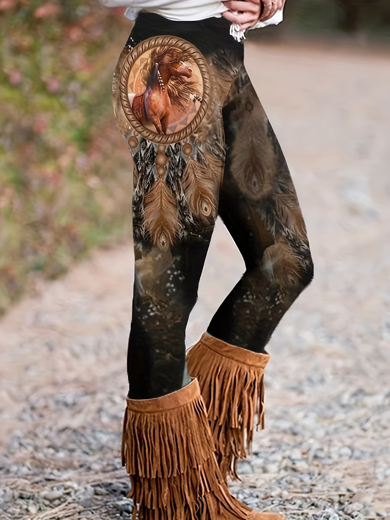Western Ethnic Print Skinny Leggings Casual Elastic Waist - Temu