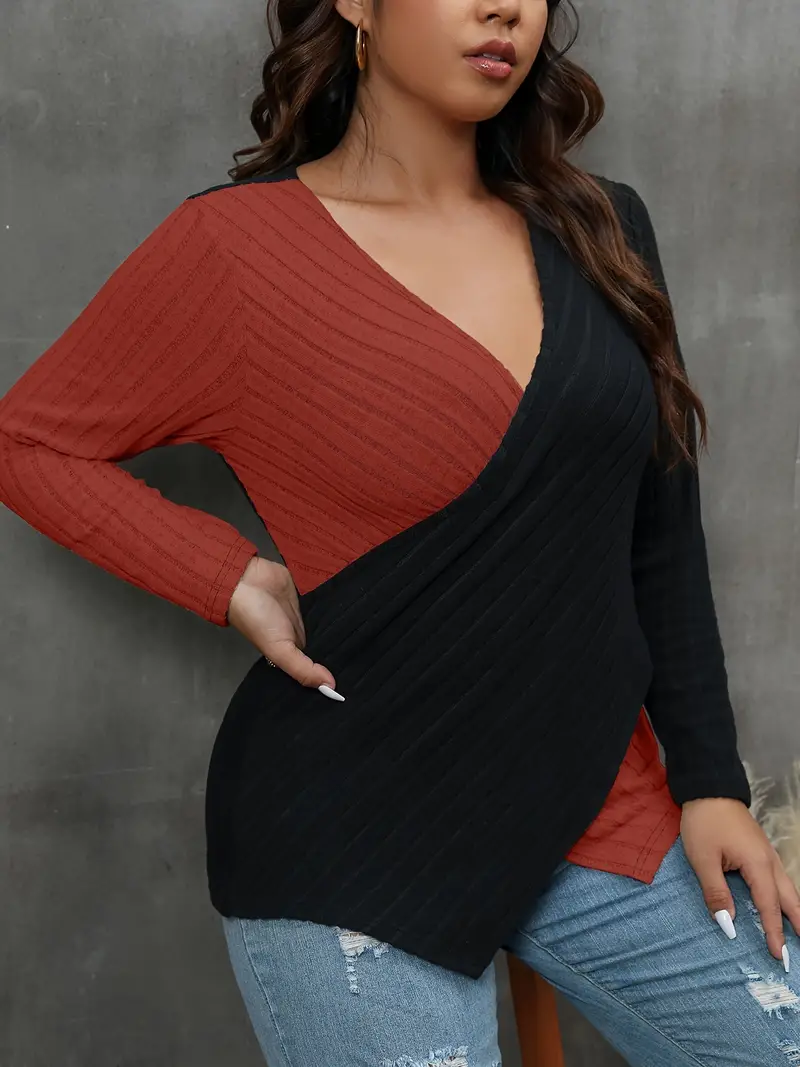 plus size casual sweater womens plus colorblock cross v neck long sleeve medium stretch jumper details 28