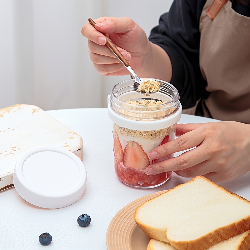 1pc 12 Oz Oats Containers, Portable Yogurt Breakfast Cup, Overnight Oatmeal  Cup, Milk Glass With Spoon And Lid, Vegetable And Fruit Salad Storage Cont