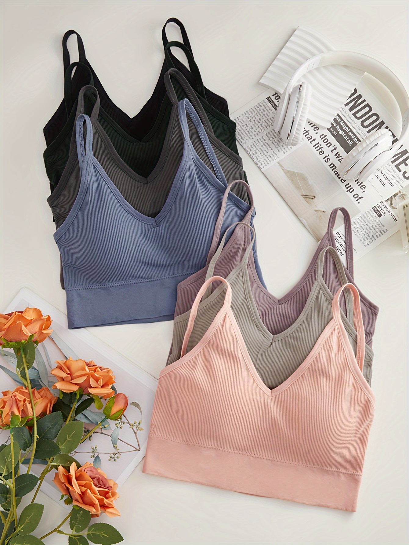 Solid Ribbed Wireless Bras Comfy Breathable Criss Cross Cut - Temu