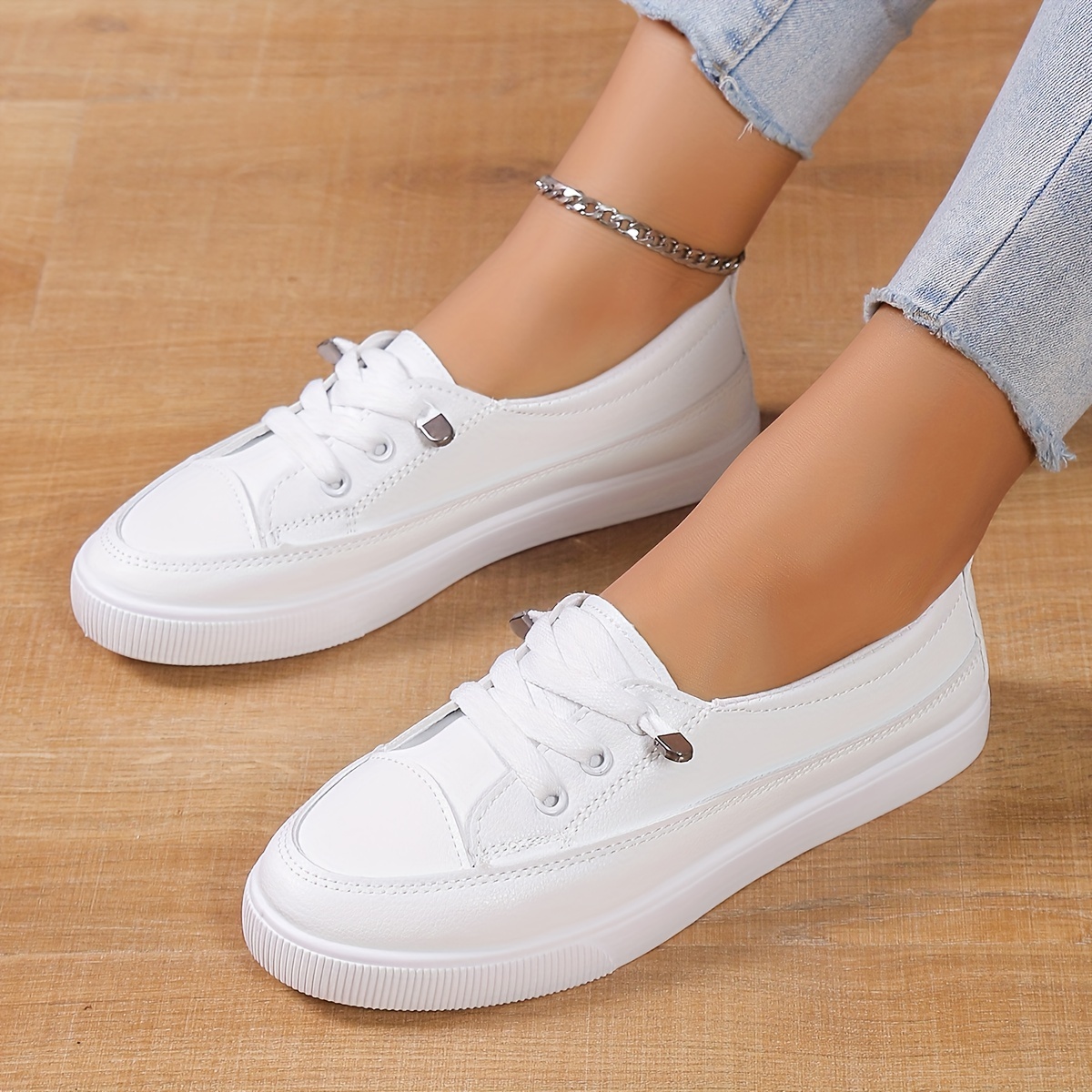 Solid Color Shoes, Women's Fashion White Casual Lace Up Low Top Lightweight,Temu