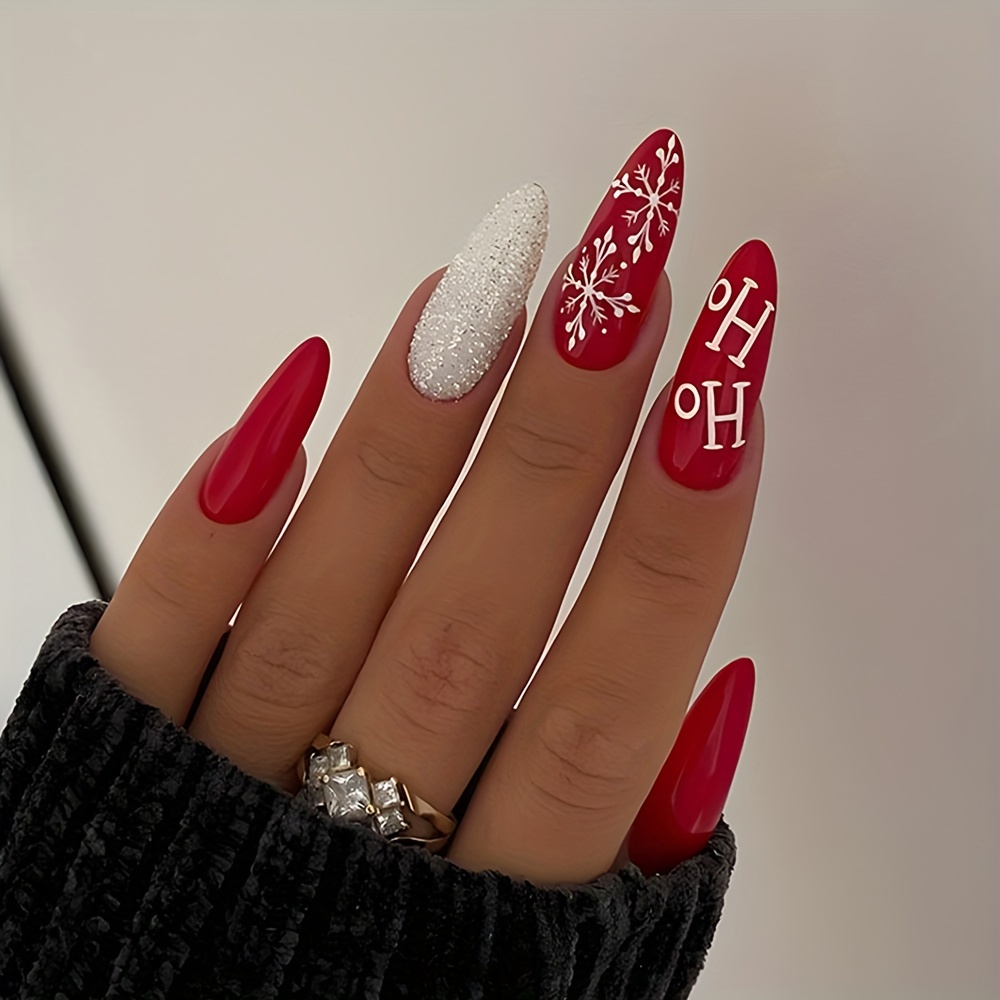  Christmas Almond Medium Length Snowflake Design False Nails  for Women and Girls : Beauty & Personal Care