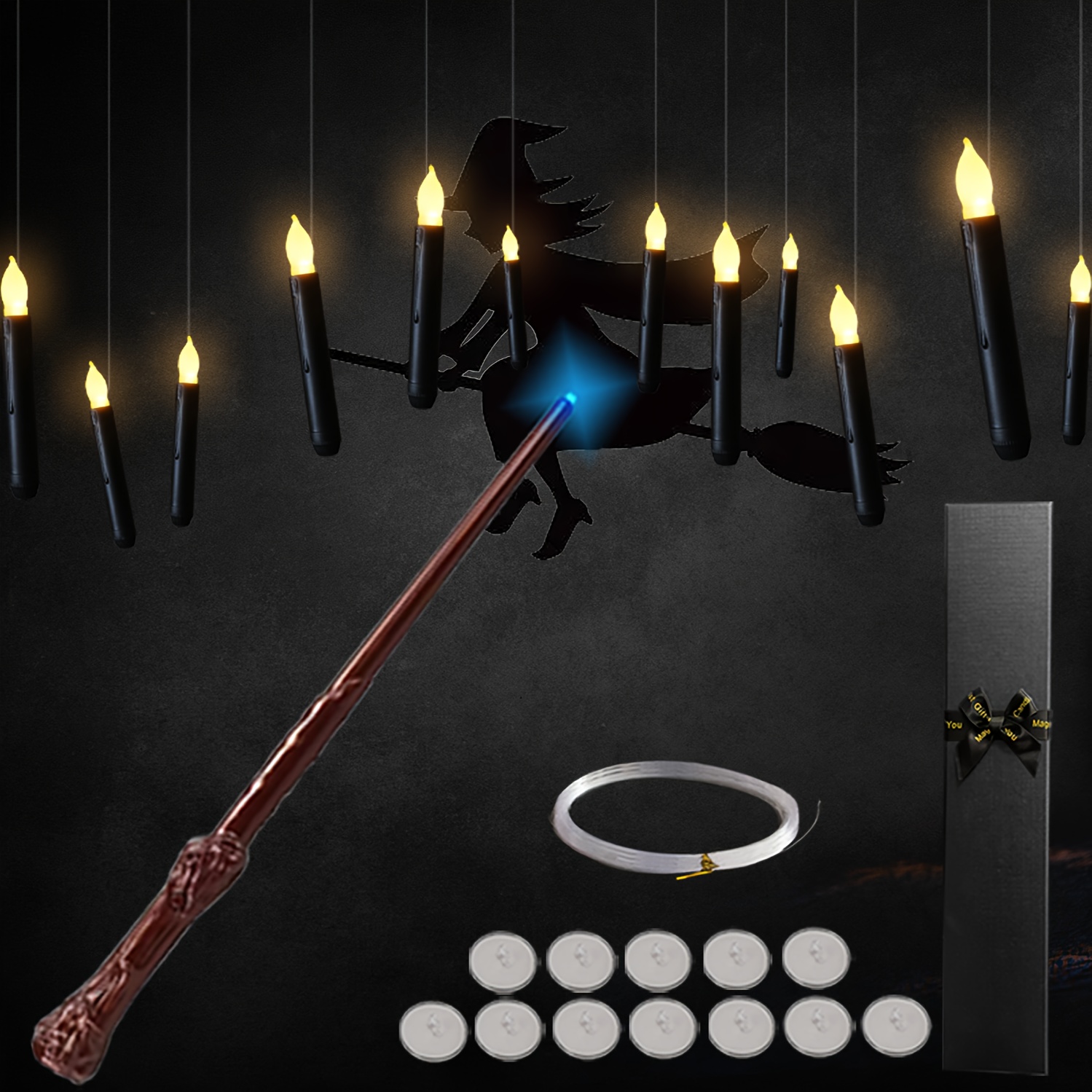 Floating Candles with Wand, 20 PCs Magic Hanging Candles, Flickering Warm  Light Flameless Floating LED Candle with Wand Remote, Battery Operated  Window Taper Candle Set for Halloween Decorations