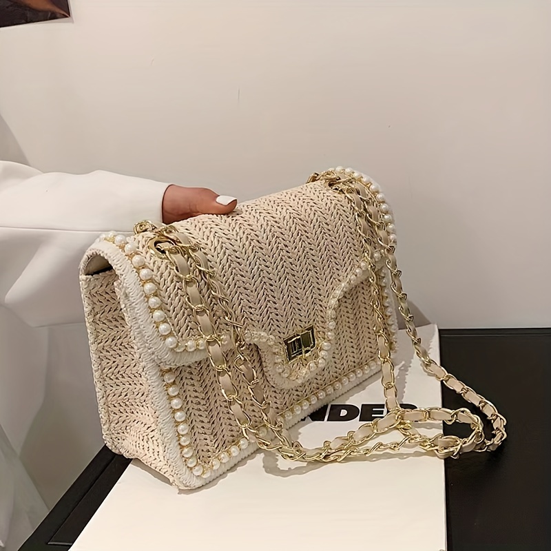 Trendy Woven Faux Pearls Decor Crossbody Bag, Square Flap Phone