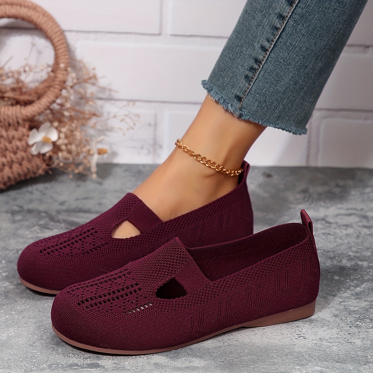 Women's Knitted Flat Shoes Comfy Round Toe Hollow Slip Shoes - Temu