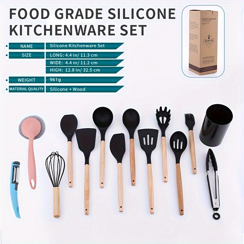 1pc silicone kitchenware set with short wooden handle, non stick