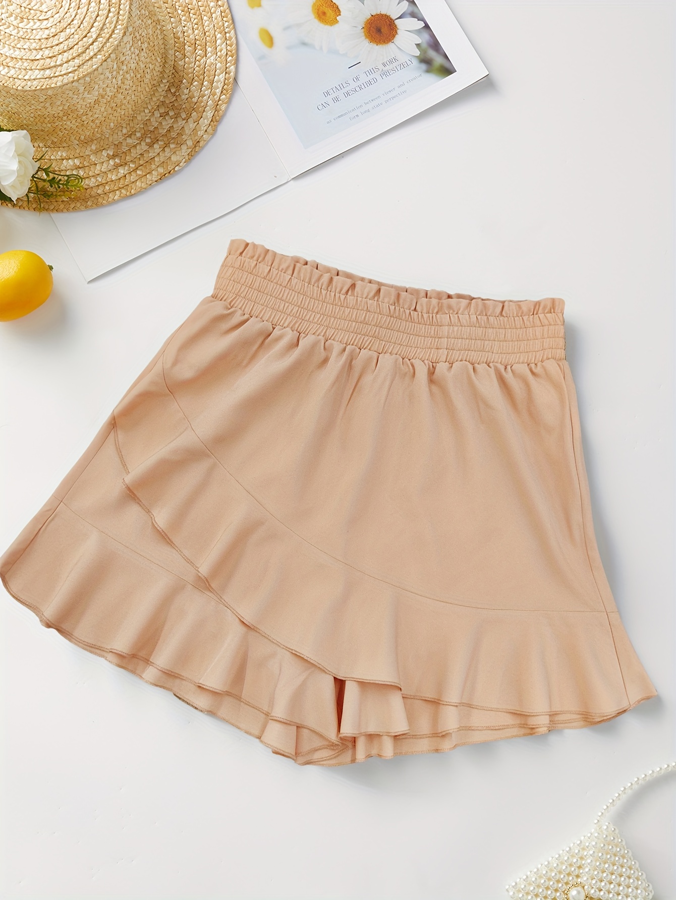 Ruffle Trim Solid Shorts Casual Asymmetrical Summer High - Temu
