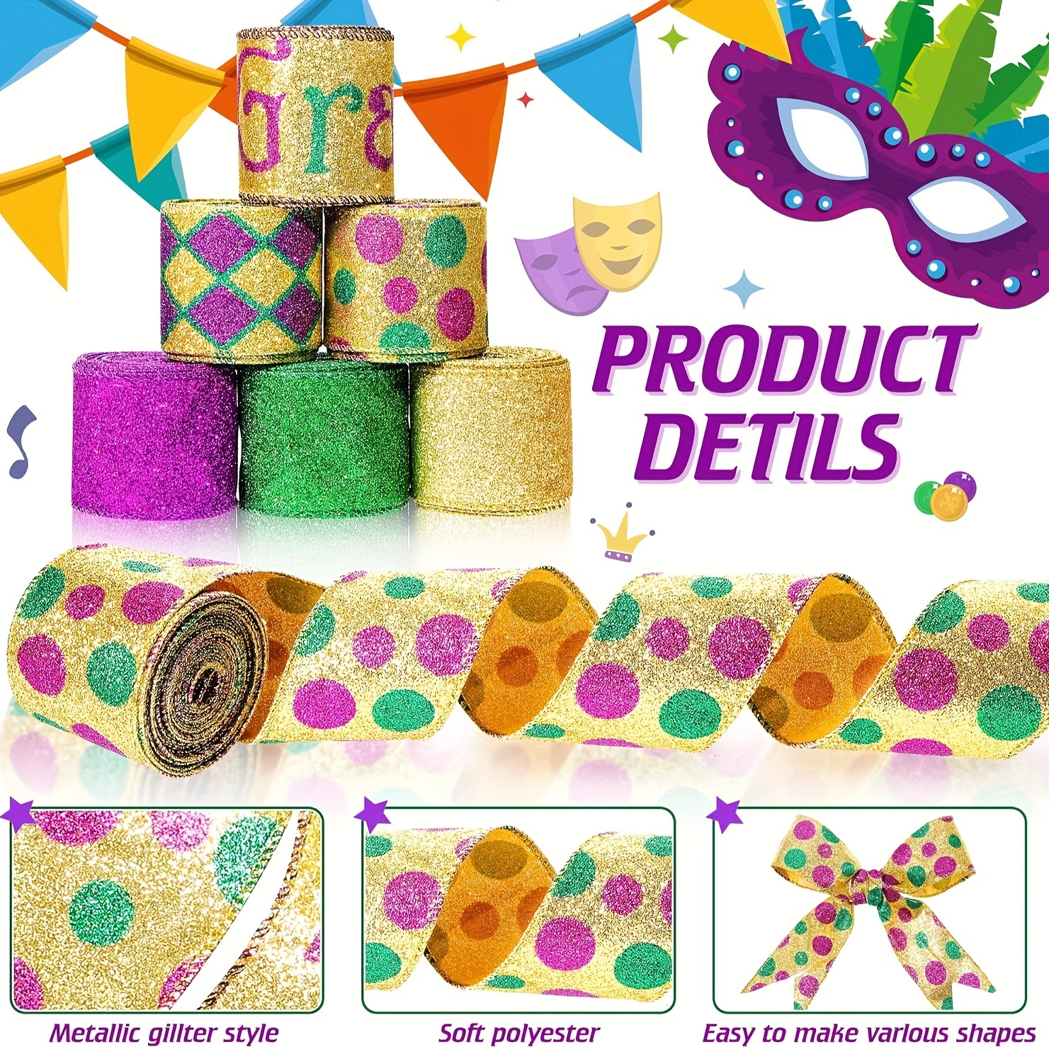 Mardi Gras Ribbon, Stripe Ribbon, Purple Green and Gold Stripe Ribbon,  Purple Metallic Ribbon, 10 Yard Roll, 2.5 Wired Edge Ribbon