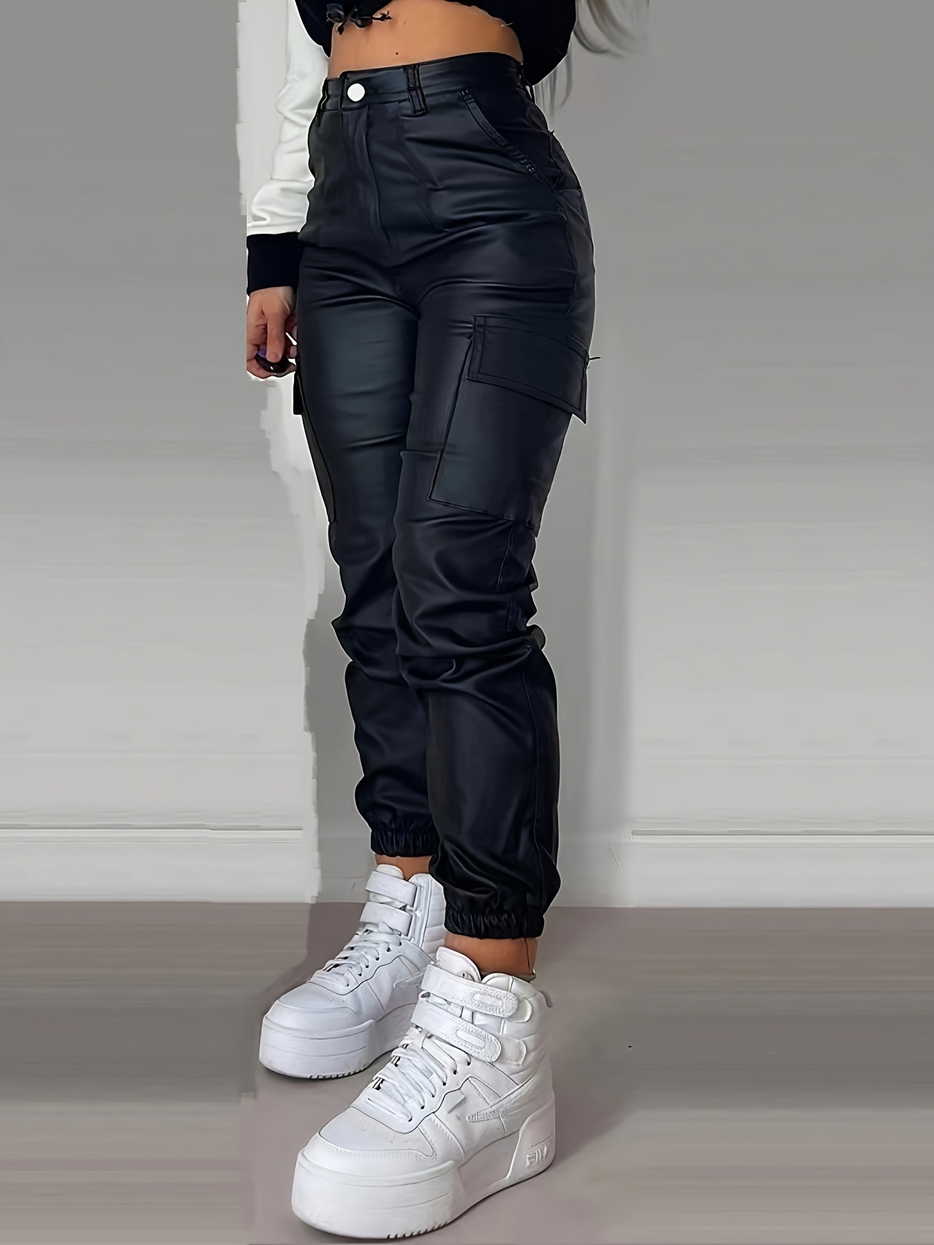 Multi pocket Leather Look Cargo Jeans Y2k Streetwear High - Temu