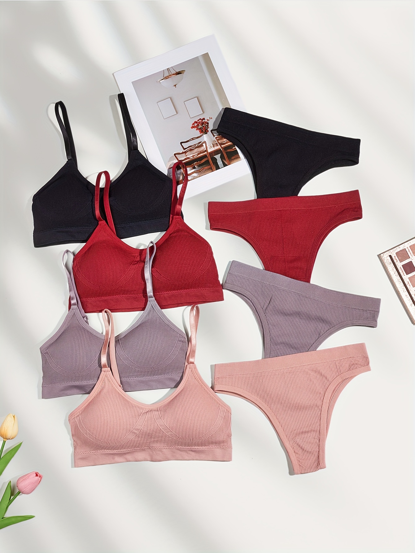 Red Cotton Lingerie Set, Basic Underwear Set for Woman Wireless