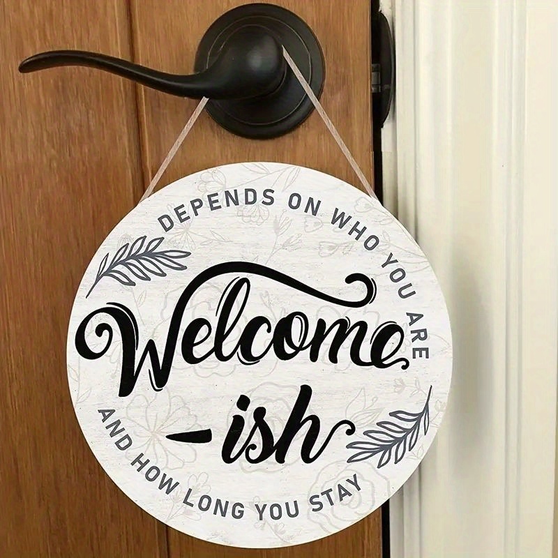 1pc, Welcome Plaque For Front Door, Welcome-ish With Minimalist Leaves  Round Door Hanger, Rustic Vintage Round Wood Sign, Wall Art Poster, Vintage  Pla