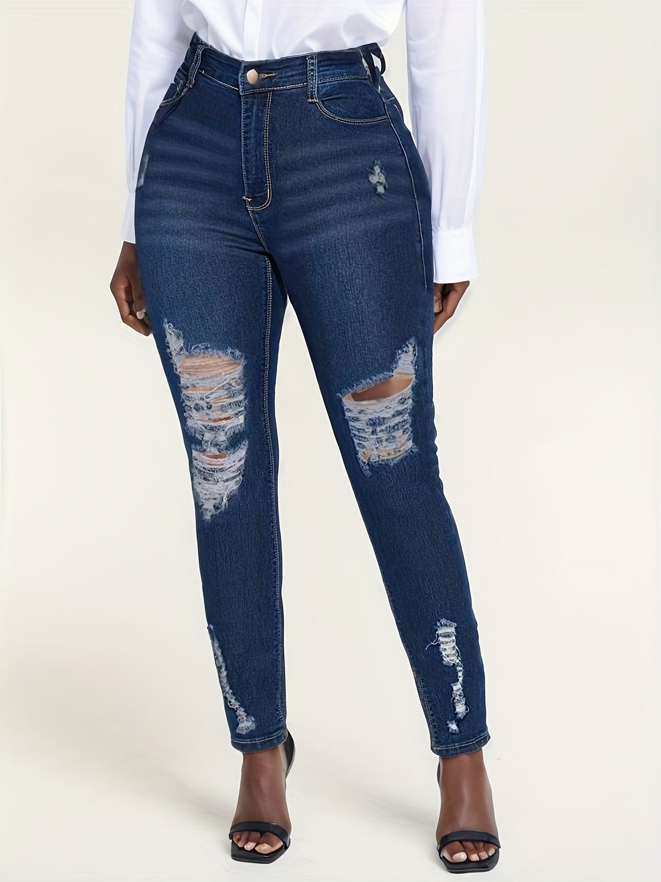 Dark Blue Ripped Skinny Jeans, Slim Fit Slash Pockets *-Stretch Versatile  Denim Pants, Women's Denim Jeans & Clothing