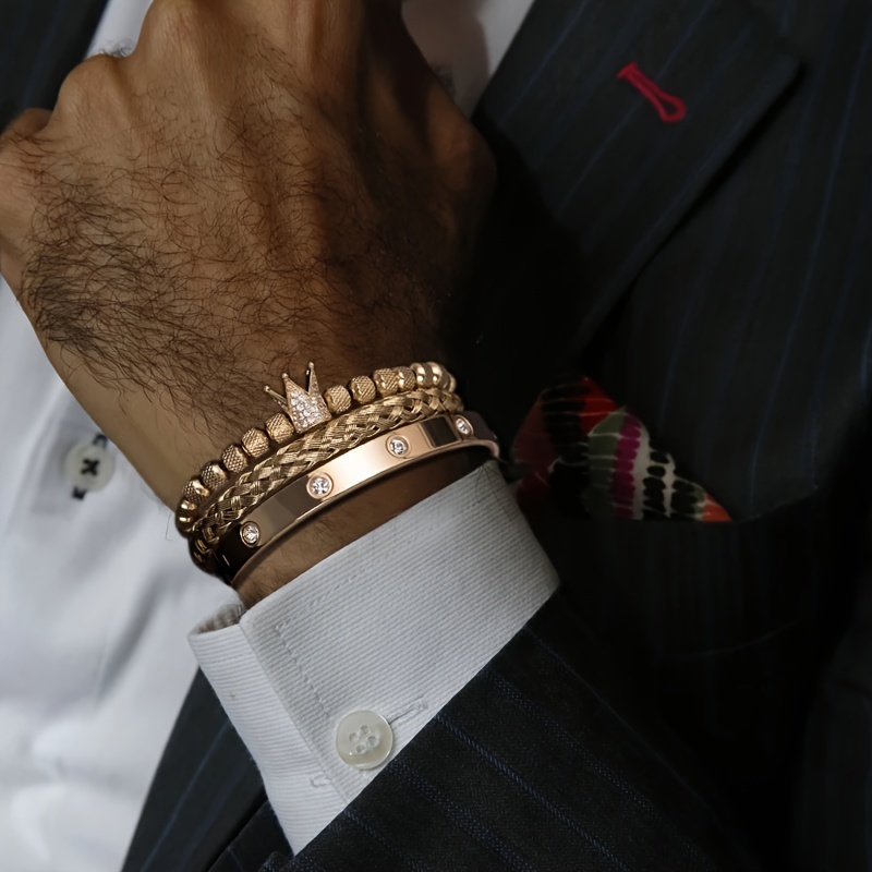 Men's Micro Pave CZ Round Beads Crown Bangle Bracelet
