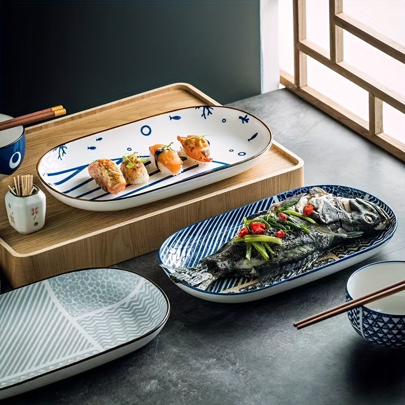 1pc Blue Ceramic 12-inch Fish Plate, Steaming Plate, Handmade High