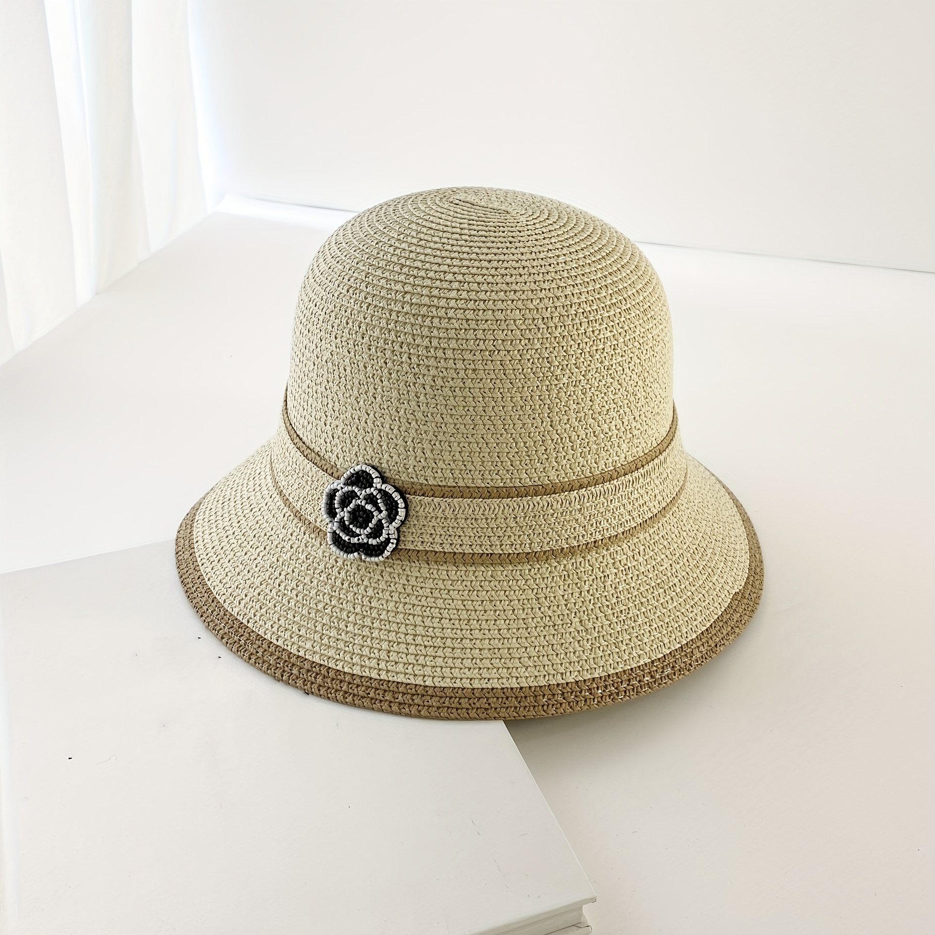 Camellia Straw Sun Hat Elegant Striped Simple Bucket Hats - Temu
