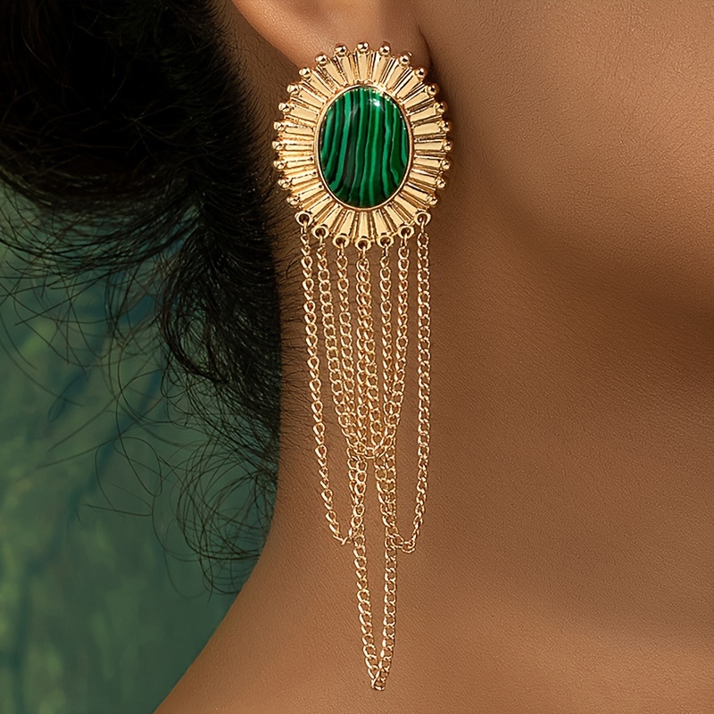 

Chain Tassel Golden Flower Design Green Resin Inlaid Dangle Earrings Retro Elegant Style 14k Gold Plated Jewelry Holiday Earrings