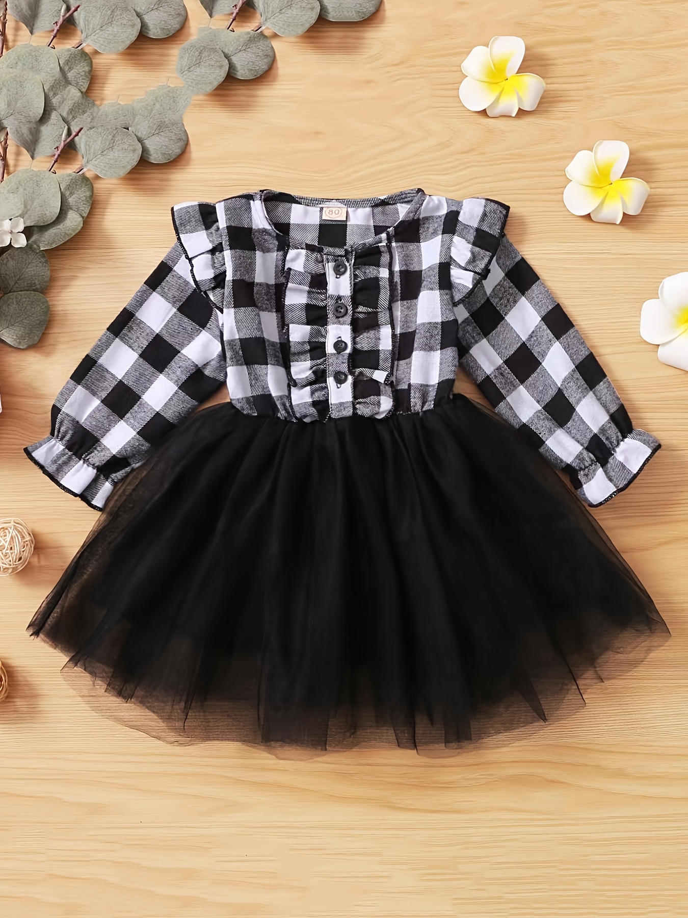 Girls Plaid Button Tulle Tutu Patchwork Princess Dress