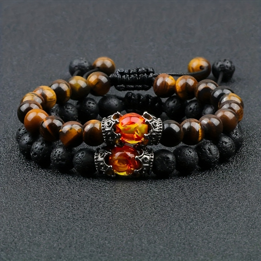 

1pc Tysea Black Lava Stone Crown Charm Tiger Eye Stone Beads Bracelet For Men Women Braided Bracelets Handmade Adjustable Daily Holiday Jewelry