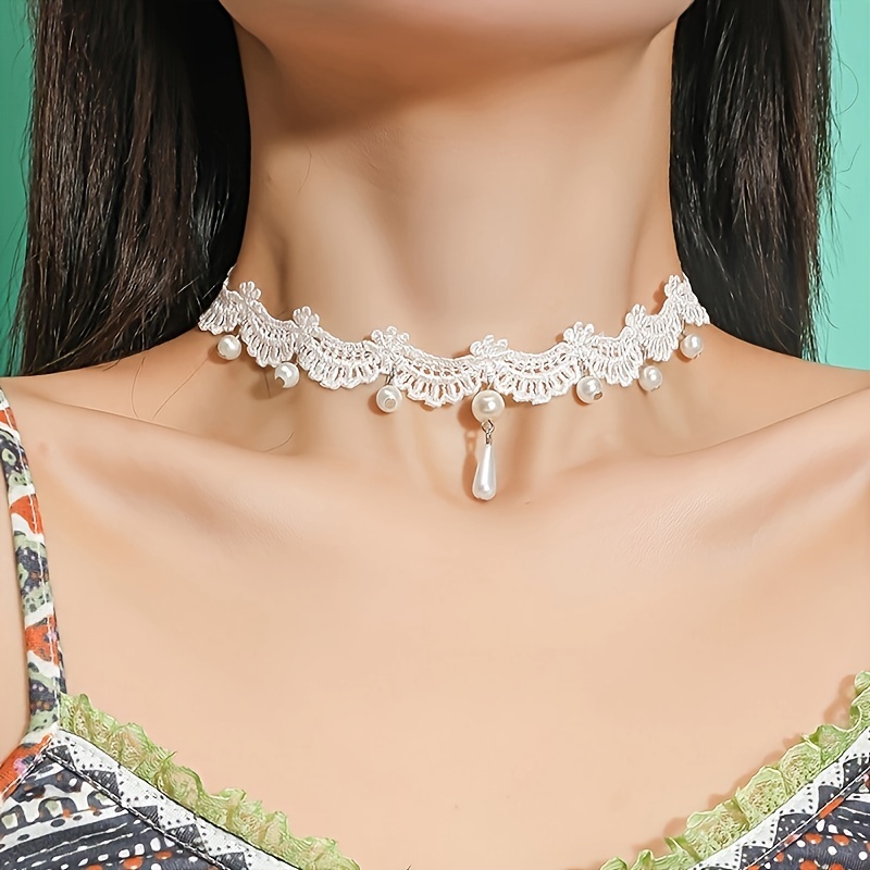 White / Black Lace Choker Necklace Inlaid Faux Pearls - Temu