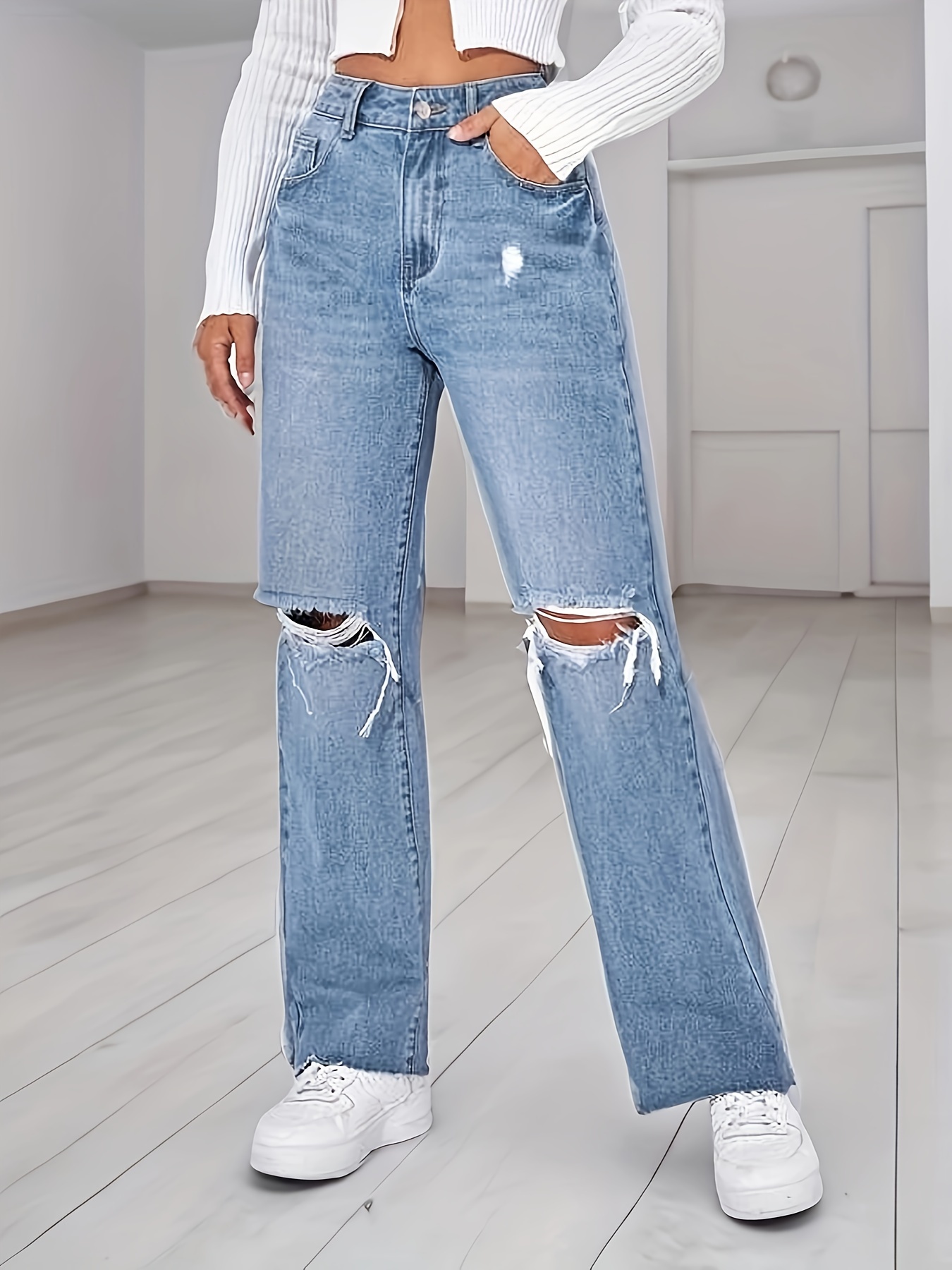 Jeans Rectos Grises Agujeros Rasgados Pantalones Mezclilla - Temu