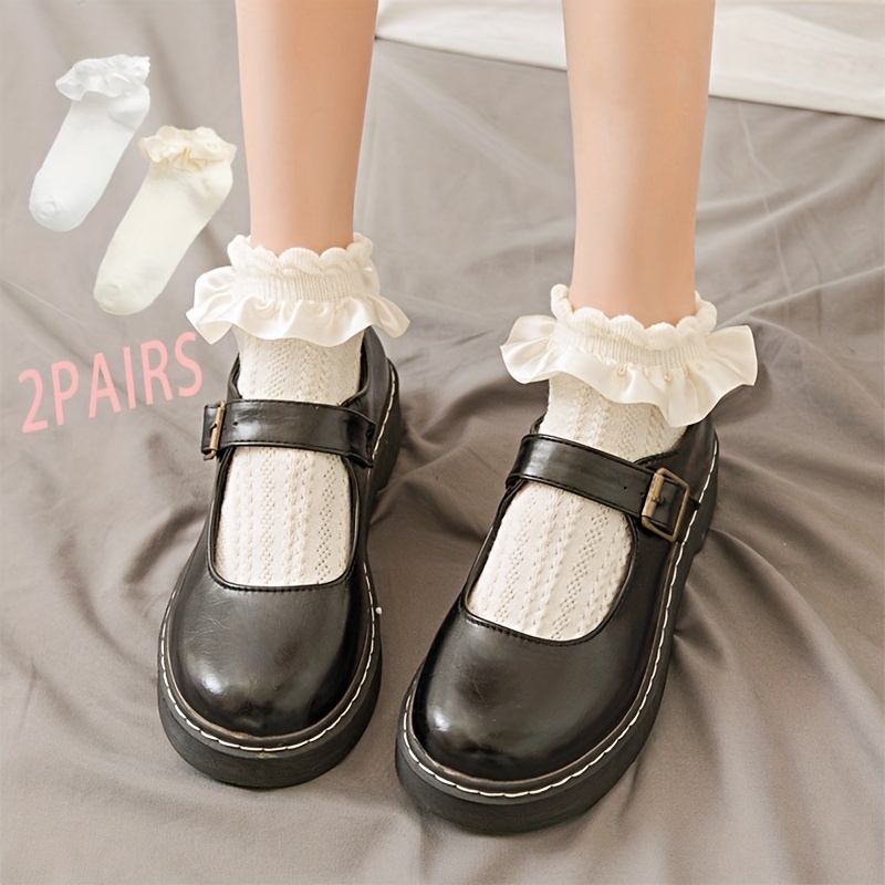 Lolita Socks Women's Ruffle Socks With Frill Black White Kawaii