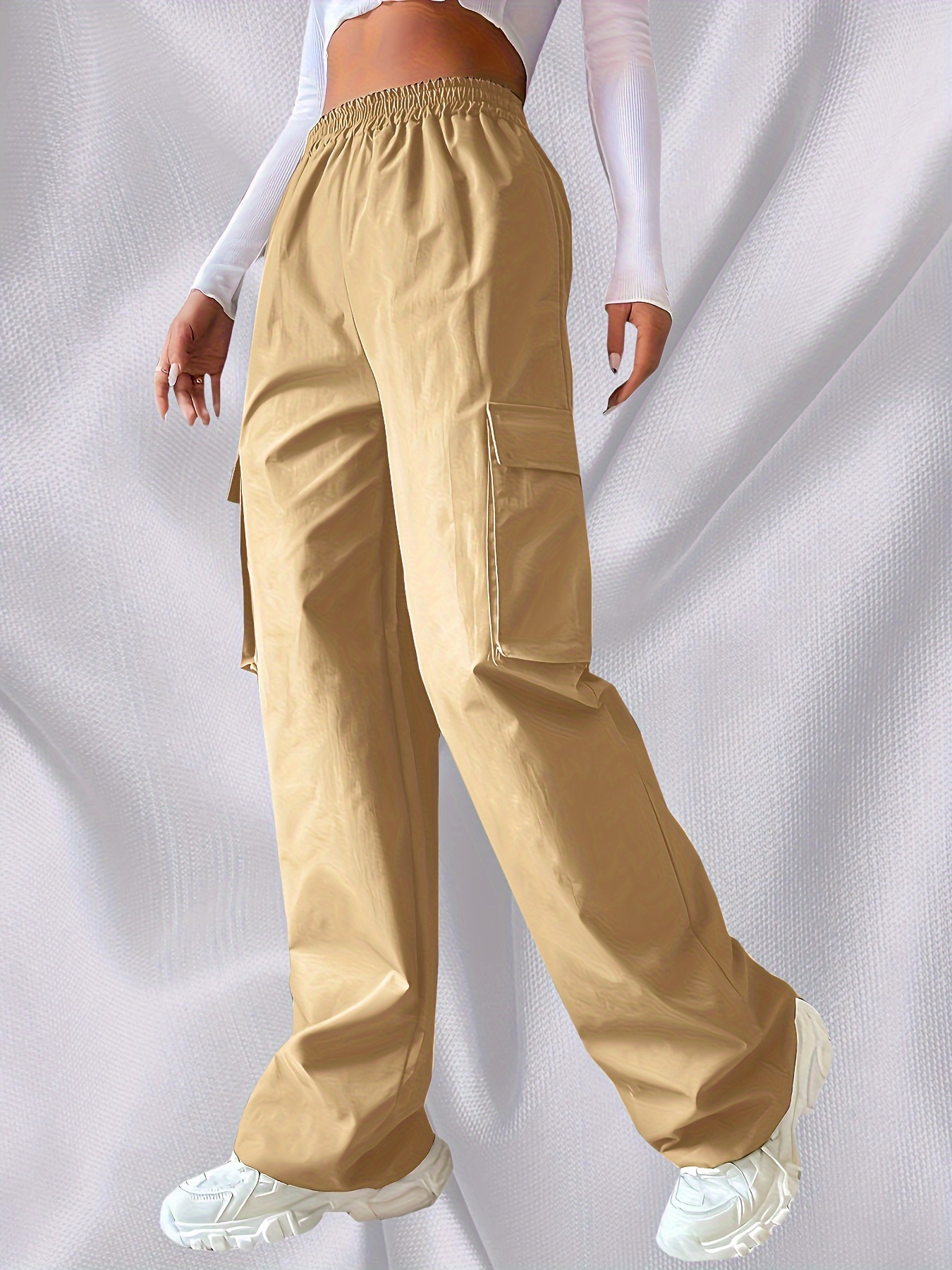 Plain Elastic Waist Cargo Pants Flap Pockets Loose Fit High - Temu