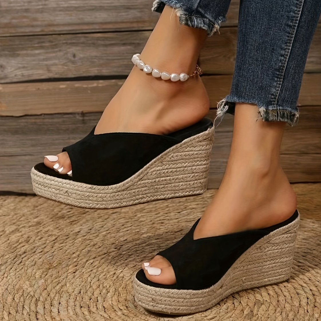 Women's Platform Wedge Heels, Flower Ankle Strap Round Toe High Heels,  Fashion Micro Suede Shoes