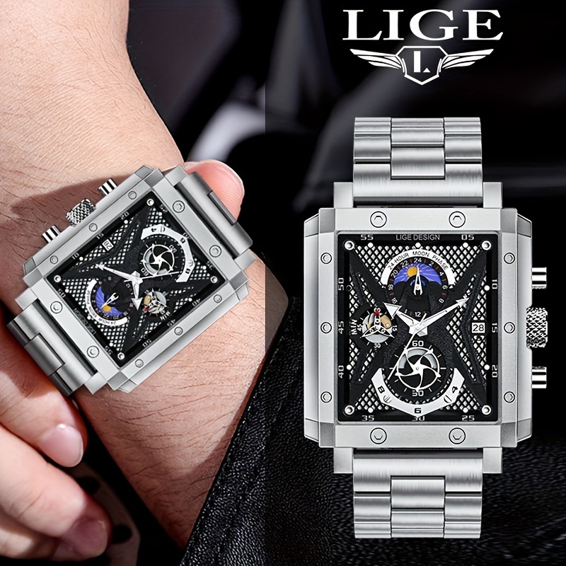 Lige Men's Quartz Watch Stainless Steel Strap Rotatable - Temu