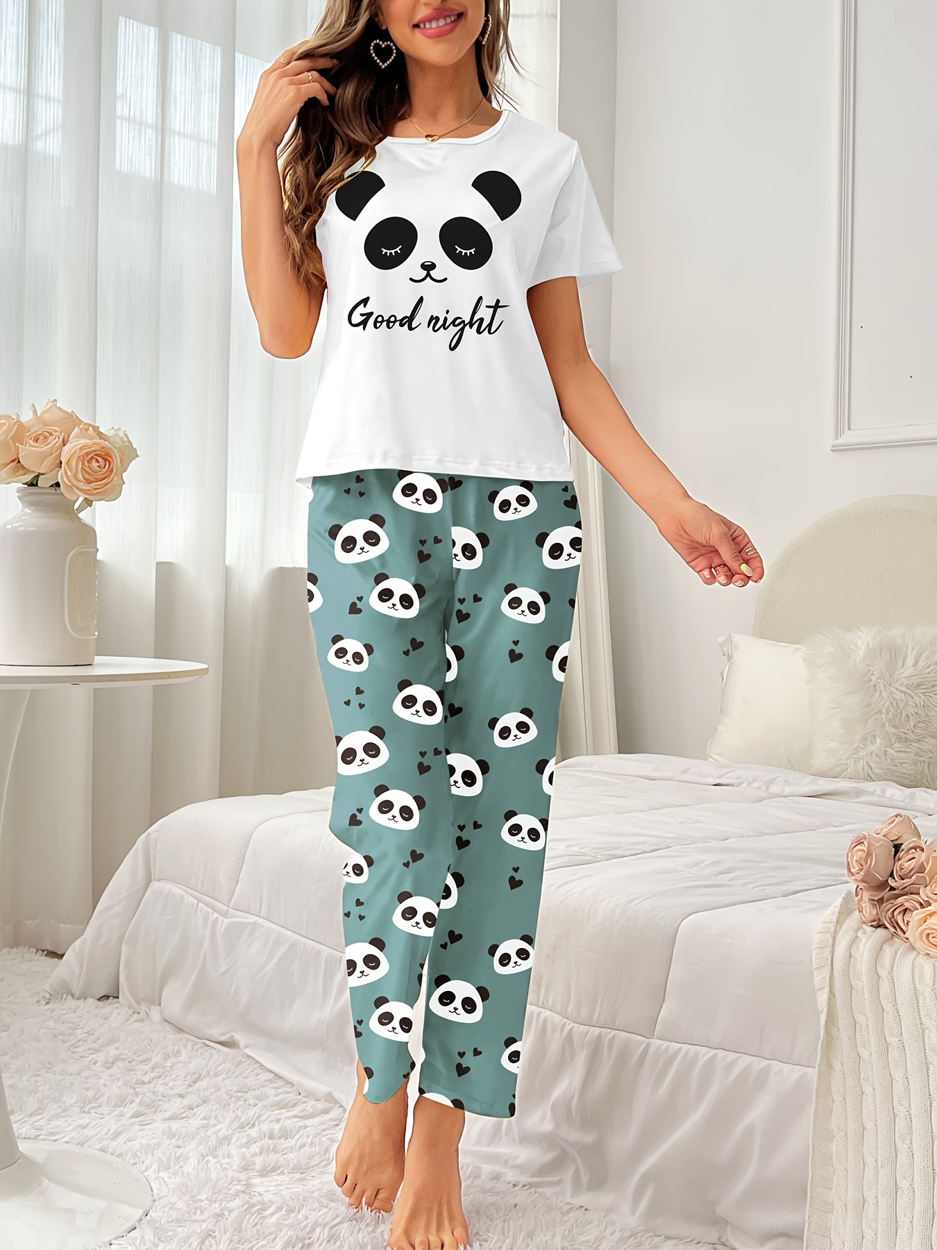 Cartoon Cat Print Pajama Set, Short Sleeve Crew Neck Top & Elastic  Waistband Pants, Women's Sleepwear & Loungewear