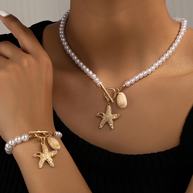 

1 Necklace + 1 Bracelet French Romantic Style Jewelry Set Trendy Starfish + Ot Buckle Design Match Daily Outfits Party Accessories