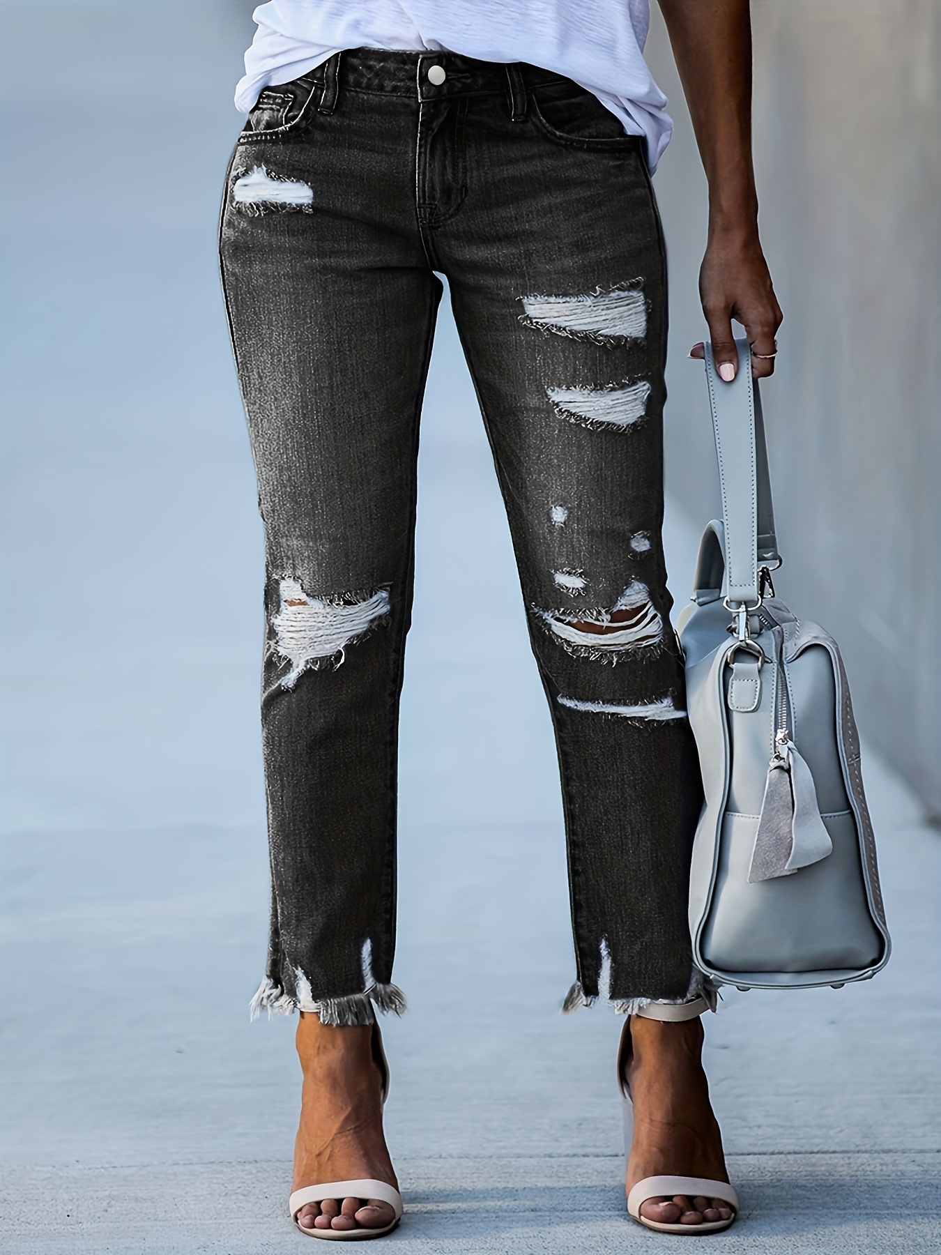 Black Ripped Holes Skinny Jeans, Distressed Slim Fit Mid-Stretch Tight  Jeans, Women's Denim Jeans & Clothing