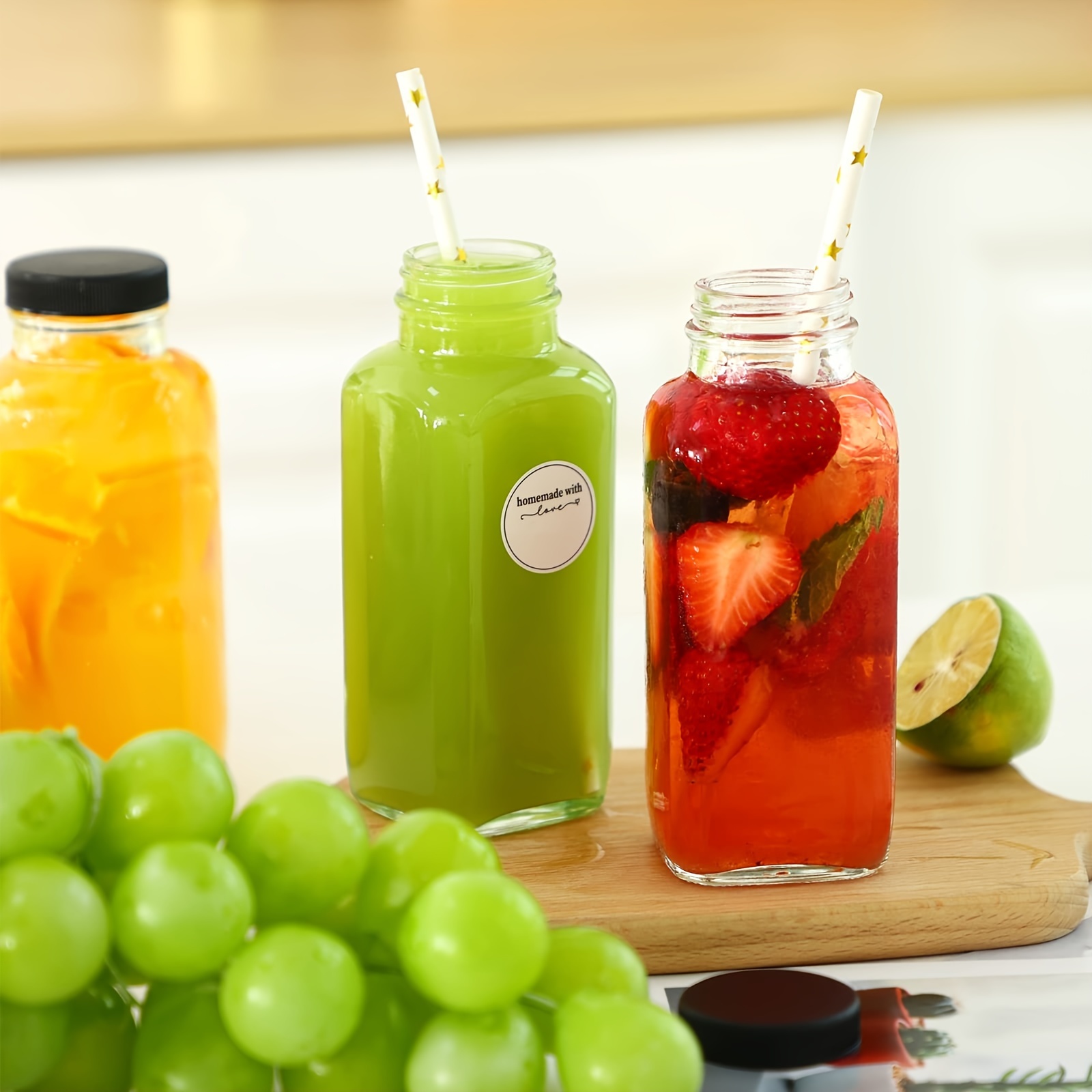 Glass Juicing Bottles With 2 Straws 2 Lids W Holes Reusable - Temu