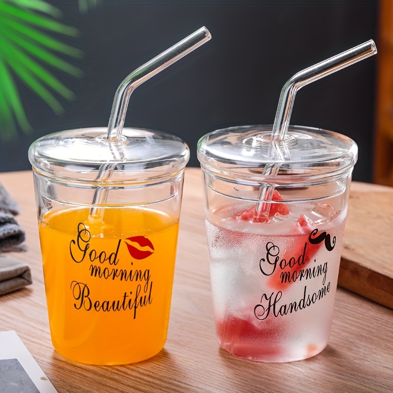 1pc Clear Drink Cup With Straw And Cover, Glass Juice Cup For Home