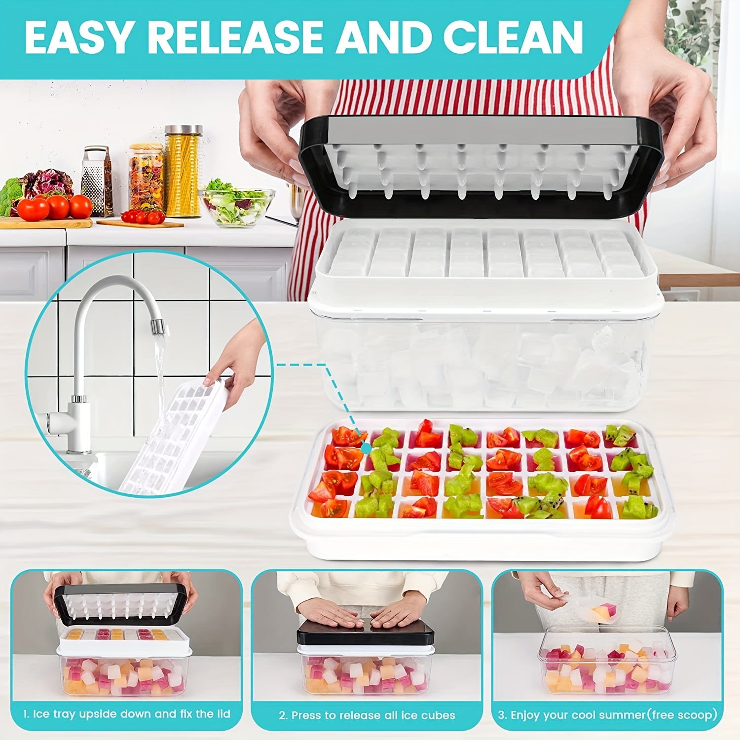 Ice Cube Tray - Stackable Ice cube Storage Container - Easy Pop Release  Molds - Covered Ice Cubes Maker for Mini Fridge