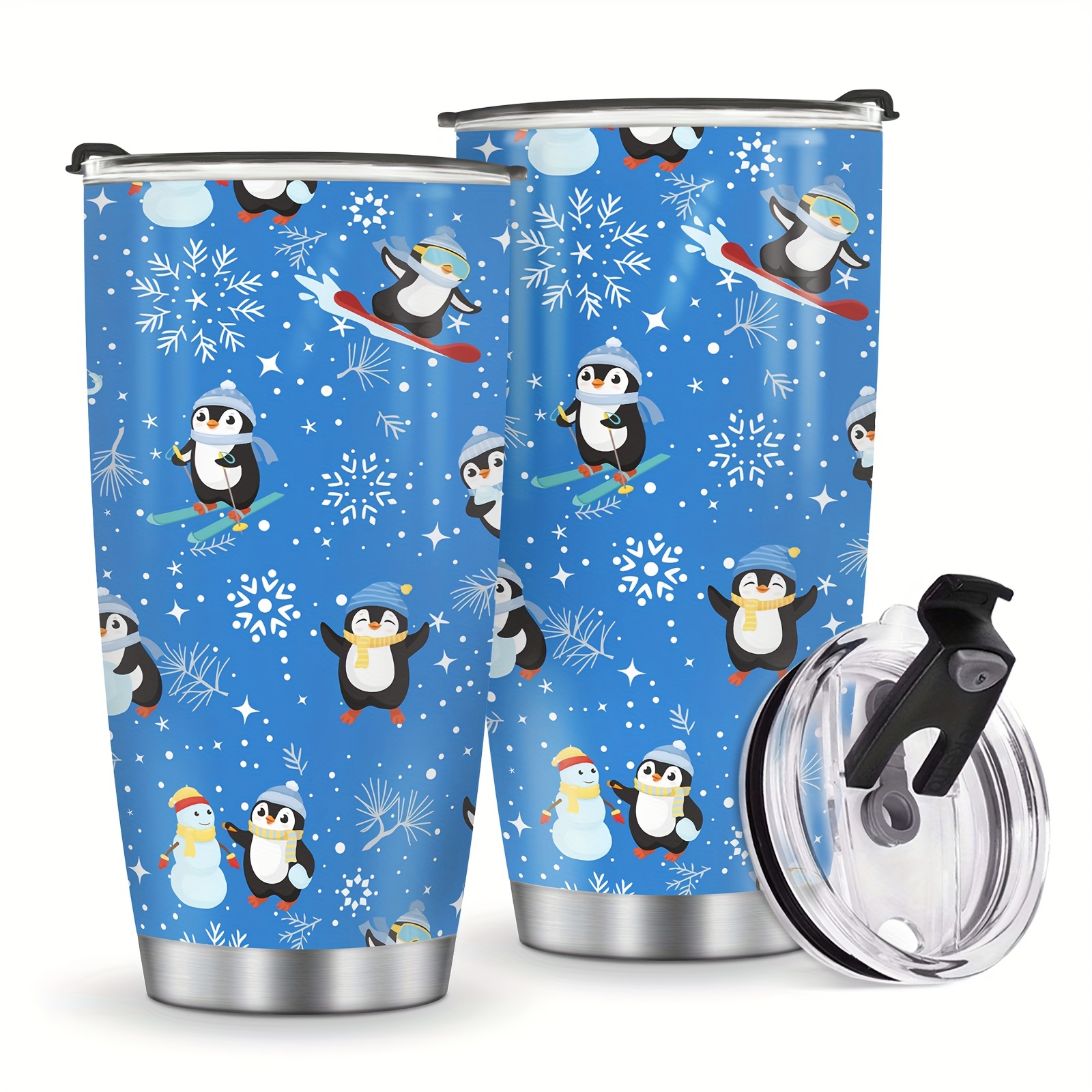 Penguin Gifts for Penguin Lovers Women Men- Cute Valentine Penguin Tumbler  Straw Cup Coffee Travel Mug - Blue Metal Thermal Insulated Tumblers 20 Oz