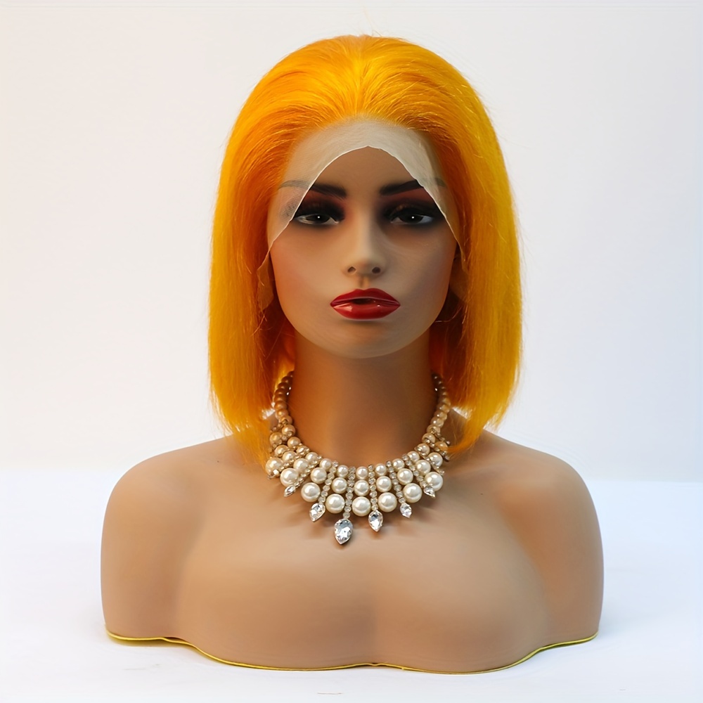 10 Inches Yellow Bob Is Straight Yellow Coloured Wig With Baby Hair Around  It And Also Having Front Lace Line And Natural Hair