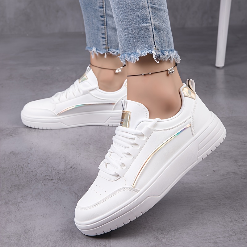 Solid Color Shoes, Women's Fashion White Casual Lace Up Low Top Lightweight,Temu