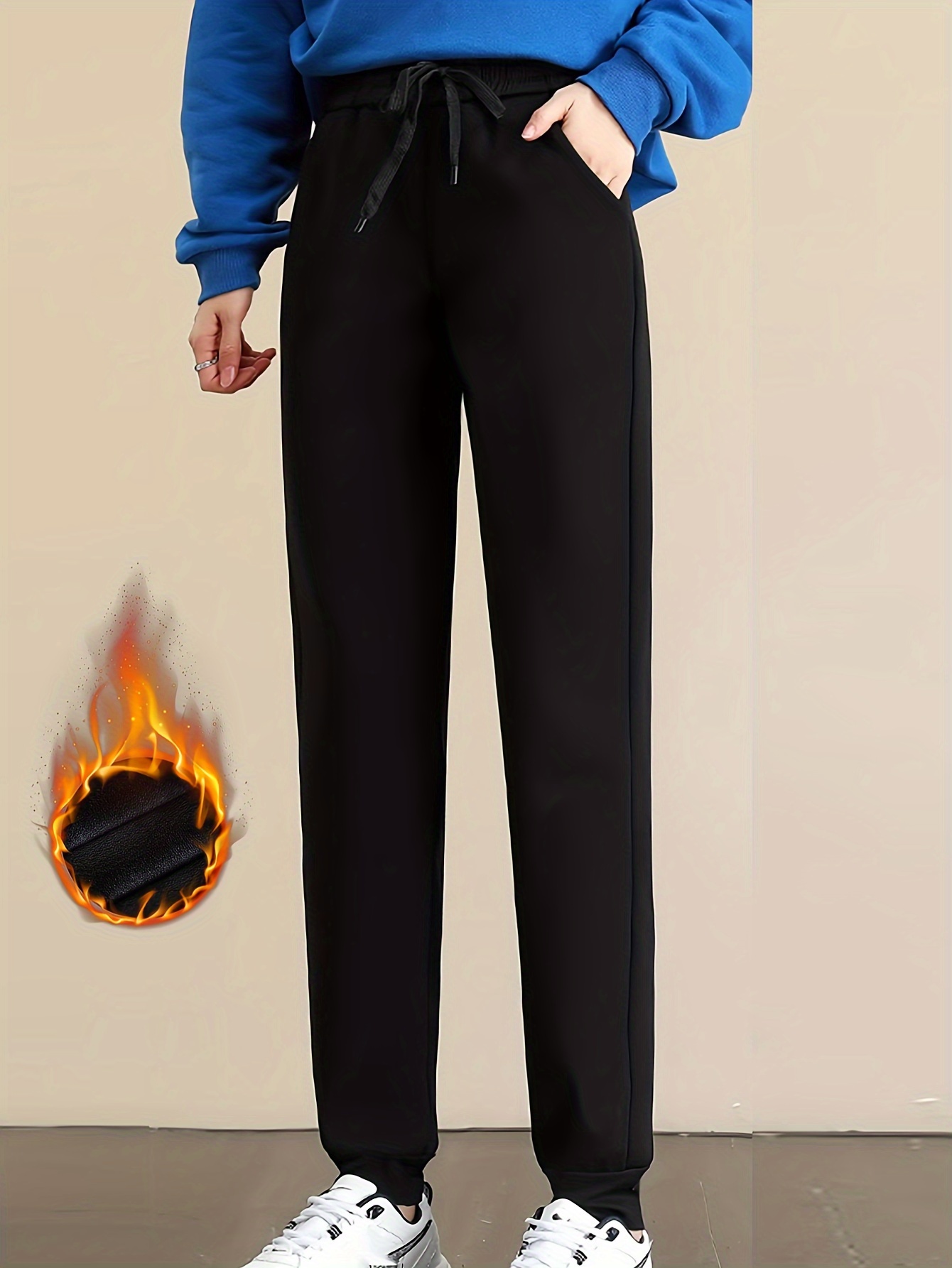Solid Color Fleece Lined Sports Pants Medium Stretch Elastic - Temu