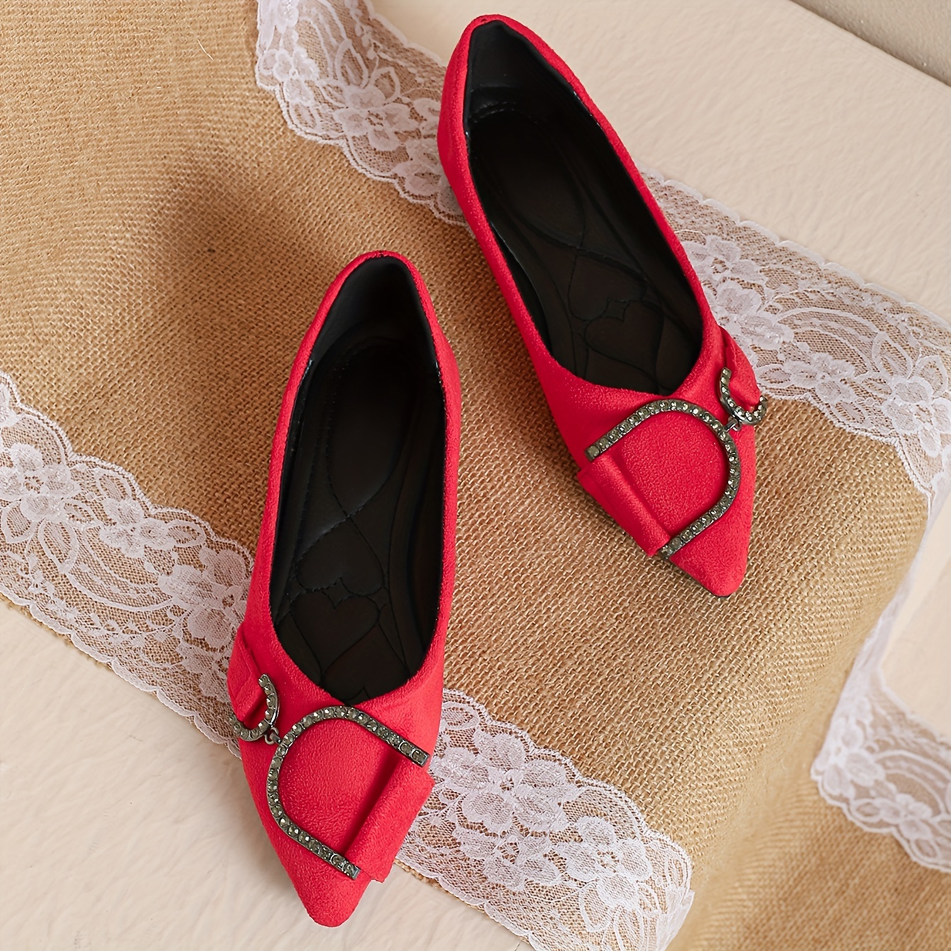 Women's Wide Width Flats (EU 7-8/US 4-5) Rich Red Pointed Toe Slip-On  Shoes with Decorative Breathable Fabric Upper Comfortable Rubber Sole 